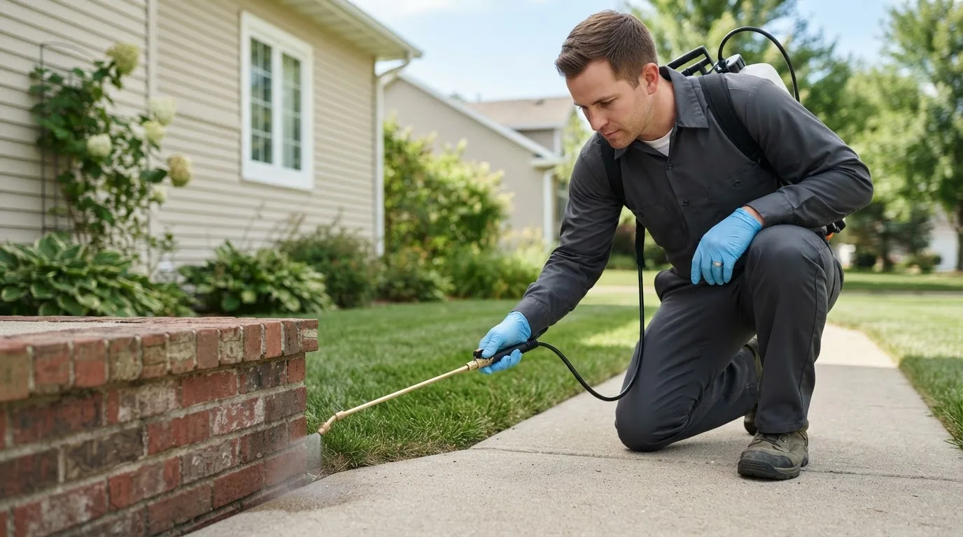 Pest control technician treating a home near Inman, KS
